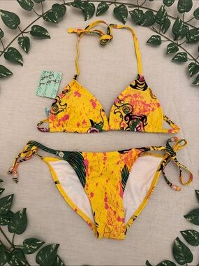MARINA Yellow Floral & Abstract Print Triangle Bikini
